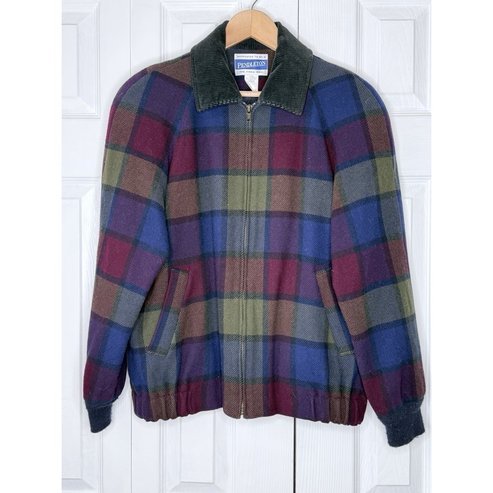 Vintage Pendleton Jacket Mens S Plaid Wool Bomber‎ Corduroy Collar Made USA 90s